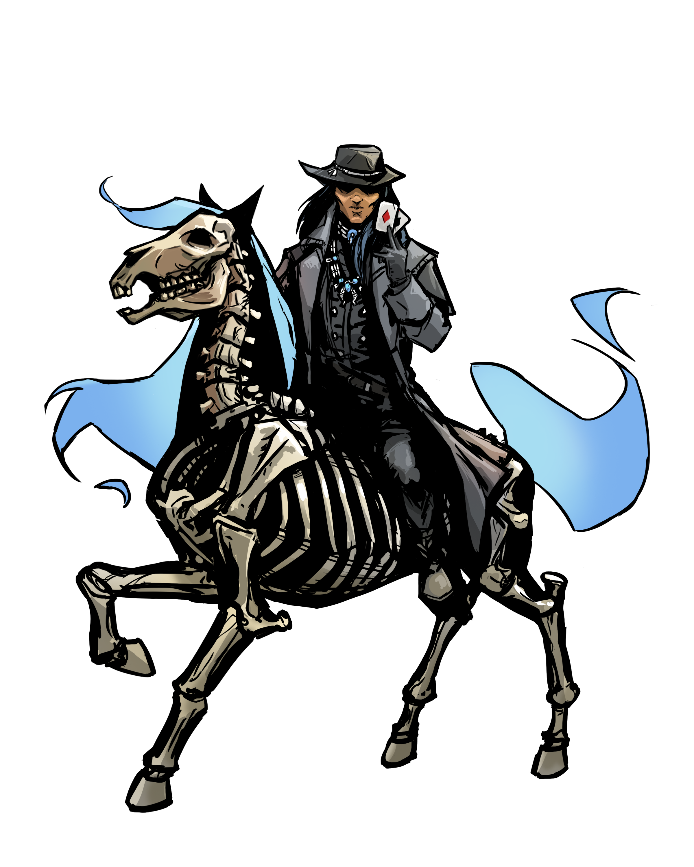 The Rider: a long-coated figure on a skeletal, blue-flame horse