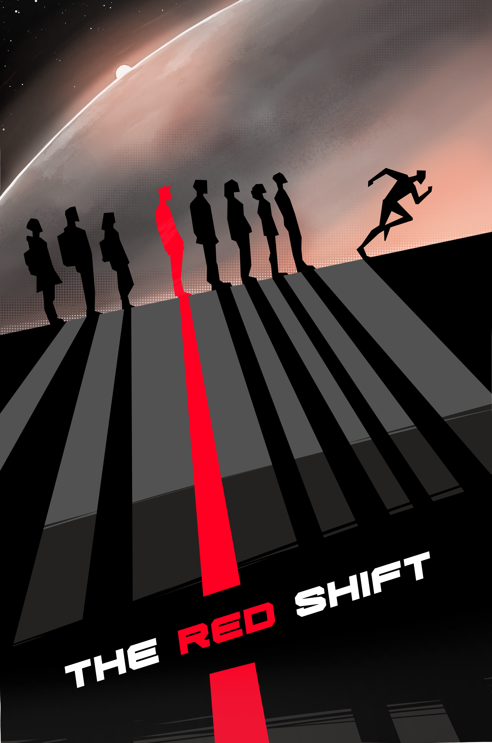 The Red Shift cover: a line of operators filing into the dark, one figure breaking free